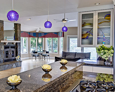 InterSpace Design - Window Coverings with Colors from Fireplace Mirror and Stained Glass Cabinet Doors in Saratoga Kitchen